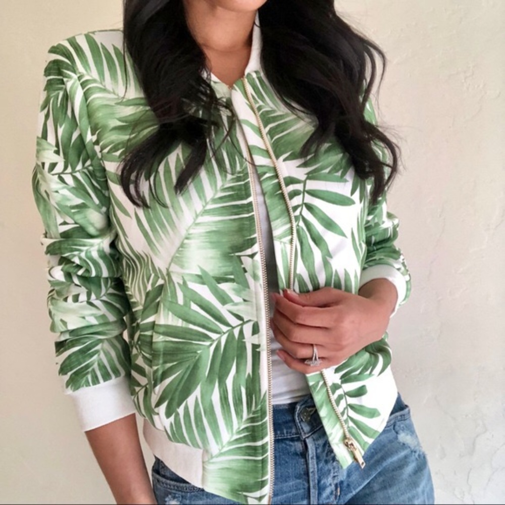 Leaf Print Bomber Jacket